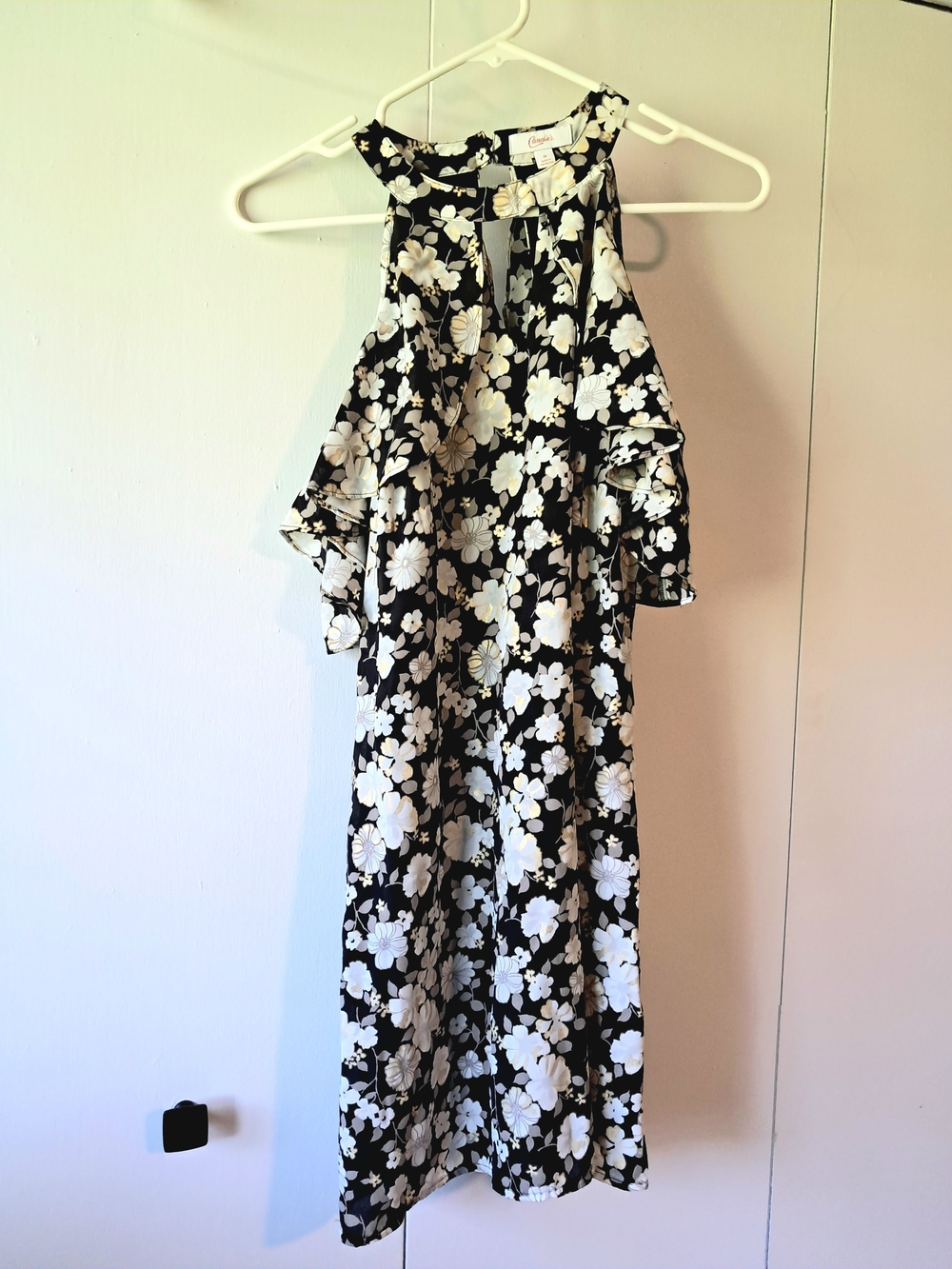 Candie's Black Floral Halter Mini Dress with Metallic Gold Accents